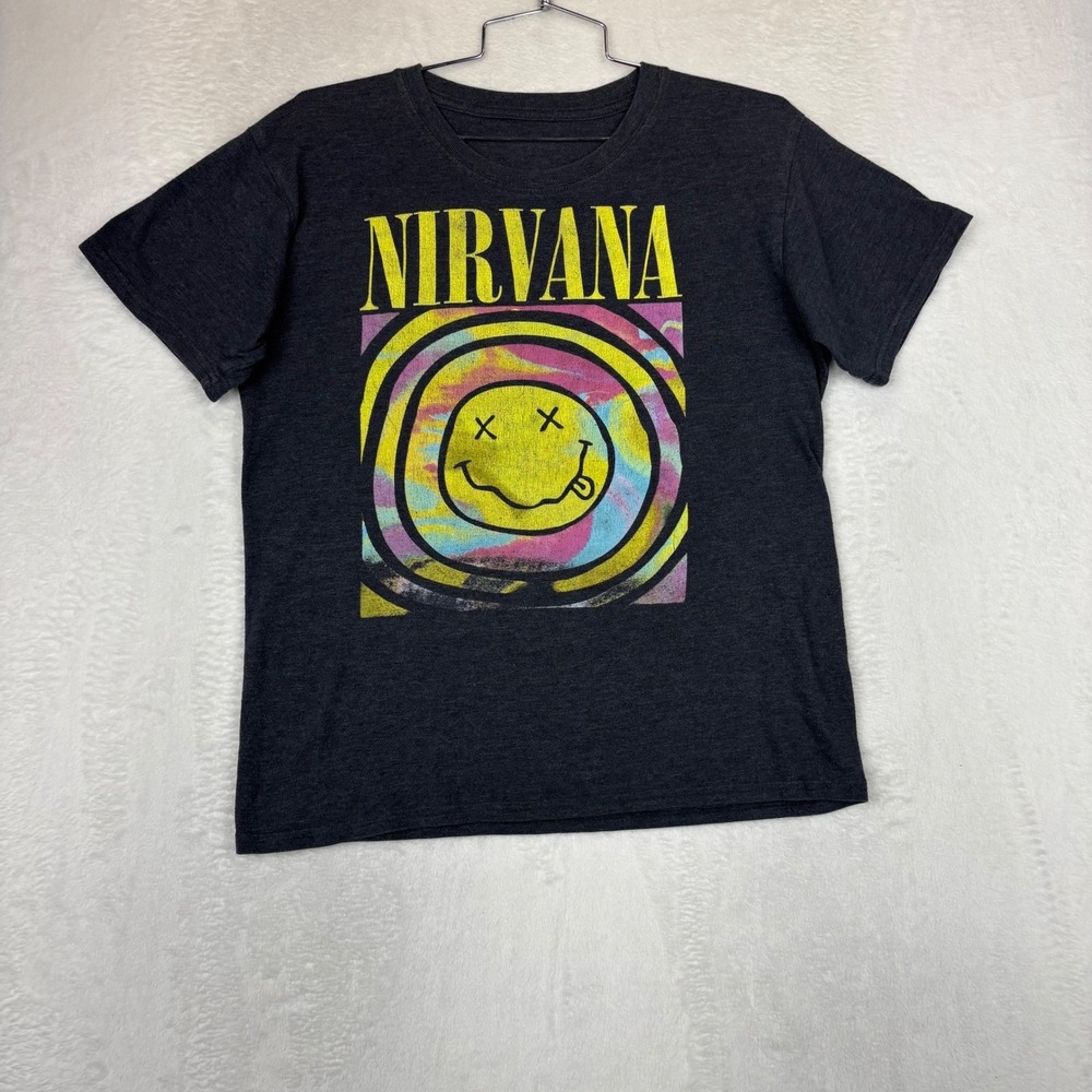 Nirvana Smiley Y2K Face Graphic T-Shirt Charcoal Gray Tie Dye Women Small